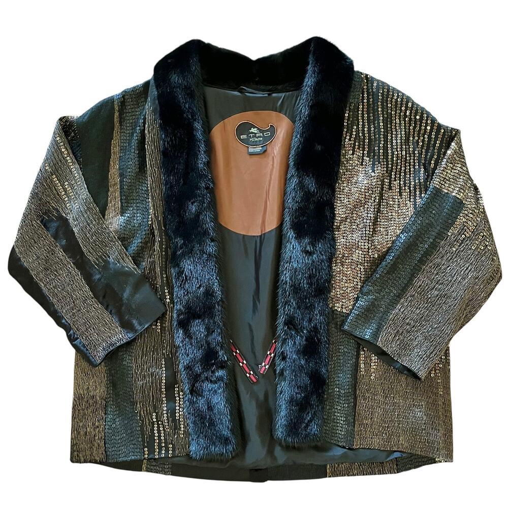 Etro Milano Vintage Runway Real Mink Fur Sequin Embroidered Silk Jacket Sz 46/L - Picture 4 of 16